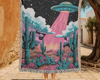 Alien UFO Abduction Desert Cactus 100% Cotton Woven Blanket, Space Extraterrestrial Throw Blanket, Sci-Fi Outdoor Adventure Woven Blanket