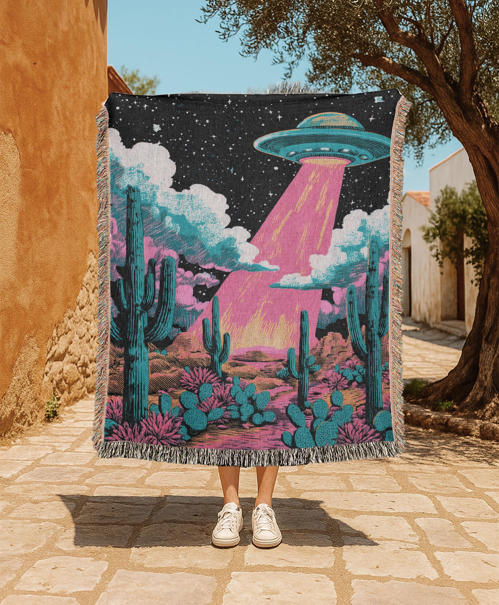 Alien UFO Abduction Desert Cactus 100% Cotton Woven Blanket, Space