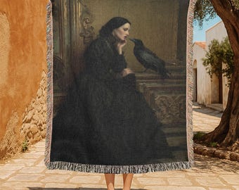 The Raven Edgar Allan Poe 100% Cotton Woven Blanket, Dark Academia Decor Woven Throw, Gothic Gift For Literature Student, Crow Tapestry