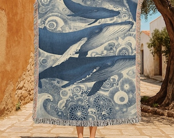 Vintage Whale 100% Cotton Woven Blanket, Marine Biologist Gift For Friend, Ocean Lover Throw Blanket, Coastal Home, Nautical Housewarming