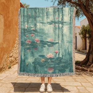 Monet Water Lilies 100% Cotton Woven Blanket, Art Lover Gift Woven Throw, Gardener Mom Gift Tapestry, Famous Painting Decor Woven Blanket.
