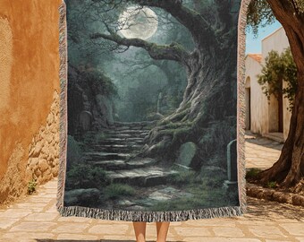 Mystical Moonlit Forest 100% Cotton Woven Blanket, Haunted Night Journey Woven Blanket, Spiritual Nature Escape Woven Blanket, Halloween.
