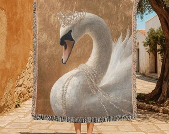 Elegant Swan Crown 100% Cotton Woven Blanket, Royal Swan Bird Woven Blanket, Feminine Grace Animal Lover Woven Blanket, Nature Wildlife.