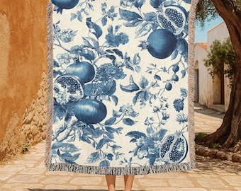 Botanical Pomegranate 100% Cotton Woven Blanket, Fruit And Floral Woven Blanket, Nature Lover Woven Blanket, Home Decor Woven Blanket Gift.