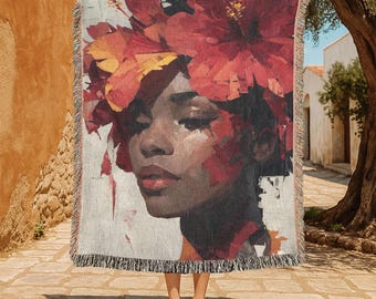 Manta tejida 100% algodón con retrato floral de mujer negra, manta decorativa de arte afrocentrista, regalo mágico de chica negra, regalo de arte para la decoración del hogar con flores rojas