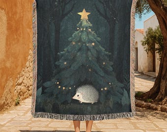 Hedgehog Christmas 100% Cotton Woven Blanket, Winter Holiday Gift For Animal Lover Woven Throw, Cute Woodland Creature Home Decor Blanket.