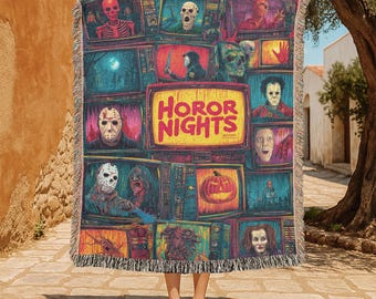 Horror Nights Webdecke aus 100 % Baumwolle, Kuscheldecke für Slasher-Film-Fans, Wandteppich für Liebhaber klassischer Horrorfilme, Halloween-Dekorationsdecke, Gruselig