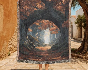 Enchanted Forest 100% Cotton Woven Blanket For Fantasy Lovers, Autumn Tree Arch Throw, Mystical Path Blanket, Nature Adventure Gift, Magical