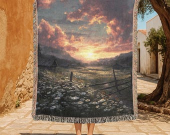Scenic Sunset Flower Field 100% Cotton Woven Blanket, Peaceful Countryside Throw Blanket, Nature Landscape Tapestry, Serene Meadow Decor.