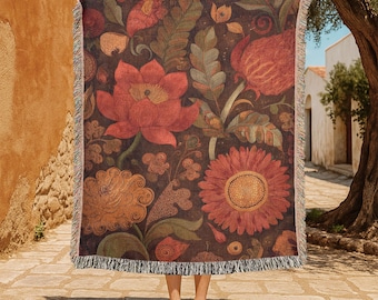 Vintage bloemmotief 100% katoenen geweven deken, botanisch geweven deken, natuurliefhebber geweven deken, tuinhobby geweven deken, herfst