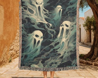 Screaming Ghost 100% Cotton Woven Blanket, Horror Fan Throw, Halloween Tapestry, Spooky Friend Gift Blanket, Paranormal Hobby Throw Blanket