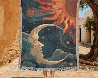 Celestial Sun Moon 100% katoenen geweven deken, vintage astrologie geweven plaid, Witchy decor geweven tapijt, spiritueel cadeau, mystieke kunst