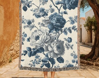 Vintage Floral 100% Cotton Woven Blanket, Cottagecore Decor For Her Woven Throw, Grandmillennial Mom Gift Cotton Blanket, Housewarming Decor