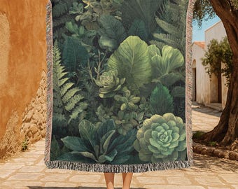 Botanical Plant Lover 100% Cotton Woven Blanket, Succulent Greenery Woven Blanket, Nature Enthusiast Woven Blanket, Gardening Hobby Blanket.