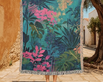 Botanische kunst 100% katoenen geweven deken, plantenliefhebber hobbytapijt, tuinman geweven plaid, housewarming gelegenheid deken, voor een moeder.