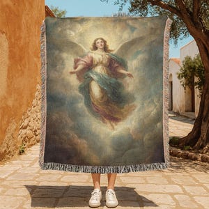 Divine Angel 100% Cotton Woven Blanket, Spiritual Christian Faith Throw, Angelic Art Religious Gift, Memorial Sympathy Home Decor Blanket, Serene Cloud Angel Tapestry