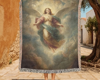 Manta tejida 100% algodón de ángel divino, manta de fe cristiana espiritual, regalo religioso de arte angelical, manta de decoración del hogar conmemorativa de simpatía.