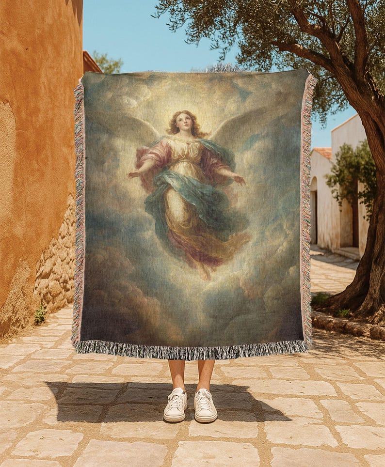 Divine Angel 100% Cotton Woven Blanket, Spiritual Christian Faith Throw, Angelic Art Religious Gift, Memorial Sympathy Home Decor Blanket, Serene Cloud Angel Tapestry