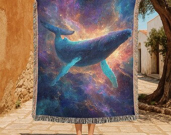 Cosmic Whale 100% Cotton Woven Blanket, Ocean Animal Woven Blanket, Space Galaxy Woven Blanket, Nature Lover Woven Blanket, Marine Life Gift