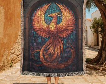 Phoenix 100% Cotton Woven Blanket, Mythical Bird Woven Blanket, Spiritual Animal Woven Blanket, Fantasy Art Woven Blanket, Mystical Creature