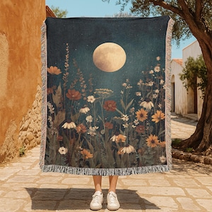 Celestial Wildflower 100% Cotton Woven Blanket, Gardener Gift Woven Throw, Gift For Her Woven Blanket, Witchy Decor Tapestry, Pagan Blanket
