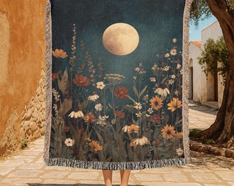 Hemelse Wilde Bloemen 100% Katoenen Geweven Deken, Tuinier Cadeau Geweven Plaid, Cadeau voor Haar Geweven Deken, Heksen Decoratie Wandtapijt, Heidense Deken