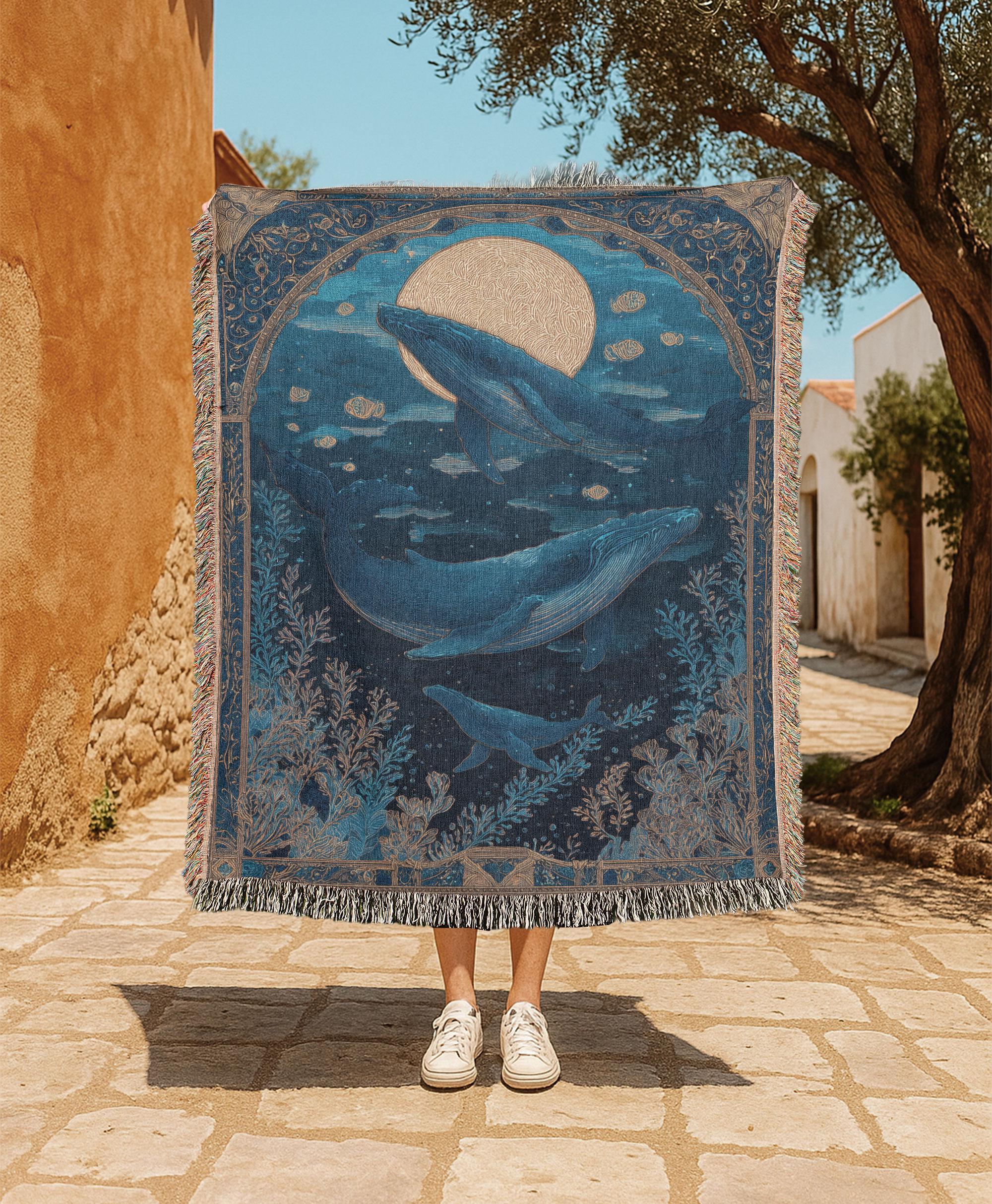 Whale Ocean Moon 100% Cotton Woven Blanket, Deep Sea Marine Life