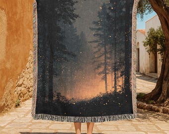 Enchanted Forest 100% Cotton Woven Blanket, Magical Firefly Woods Woven Tapestry, Spiritual Pagan Gift Woven Blanket, Nature Lover Camping