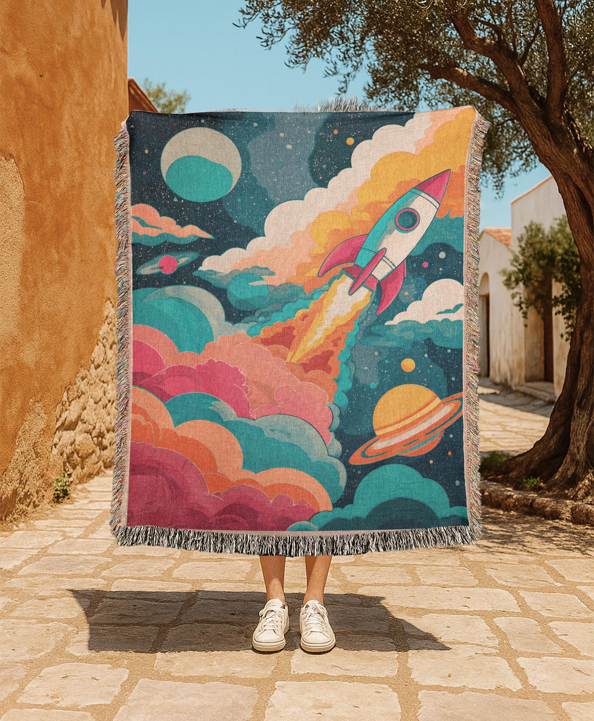 Space Rocket 100% Cotton Woven Blanket, Outer Space Adventure