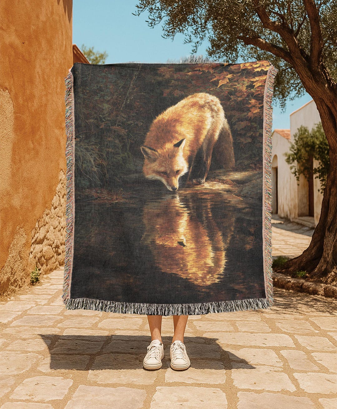 Serene Fox Reflection 100%コットン織りブランケット、森の動物アート