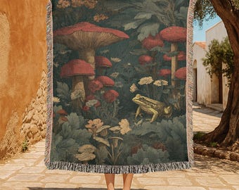 Frog And Mushroom 100% Cotton Woven Blanket, Cottagecore Decor Woven Throw, Goblincore Aesthetic Tapestry Blanket, Nature Lover Gift, Dark.
