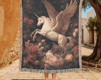 Unicorn Lover Gift 100% Cotton Woven Blanket, Dark Academia Decor Tapestry Blanket, Cottagecore Aesthetic Throw, Mythical Creature Fantasy.