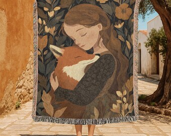 Cottagecore Fox 100% Cotton Woven Blanket, Whimsical Animal Lover Woven Throw, Gift For Daughter Tapestry, Woodland Theme Sofa Throw Decor