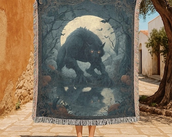 Werewolf Halloween 100% Cotton Woven Blanket, Spooky Mythical Creature Woven Blanket, Horror Night Moonlight Woven Blanket, Gothic Decor