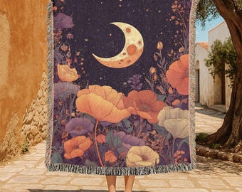 Moon And Floral 100% Cotton Woven Blanket, Celestial Throw Blanket, Flower Lover Woven Blanket, Night Sky Blanket, Nature Inspired Blanket