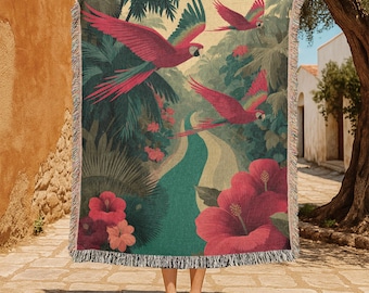Tropical Birds 100% Cotton Woven Blanket, Jungle Parrots Woven Blanket, Nature Lover Woven Blanket, Exotic Wildlife Woven Blanket, Botanical