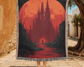 Manta tejida 100 % algodón con diseño de castillo gótico de fantasía oscura, manta tejida con paisaje espeluznante, manta tejida para decoración del hogar de Halloween, decoración de escenas de terror
