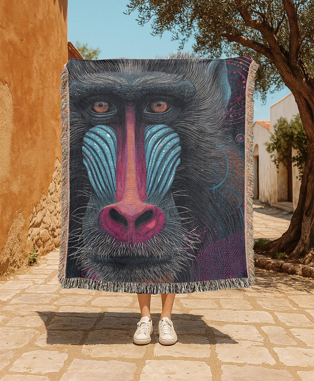Colorful Mandrill Monkey 100% Cotton Woven Blanket, Psychedelic Baboon ...