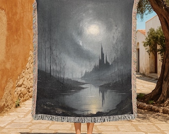 Manta tejida 100 % algodón con paisaje de castillo místico, manta tejida de fantasía gótica, manta tejida con escena de luna oscura, regalo paranormal