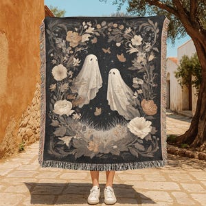 Ghosts And Flowers 100% Cotton Woven Blanket, Halloween Woven Blanket, Spooky Night Blanket, Witchcraft Interest Blanket, Autumn Seasonal