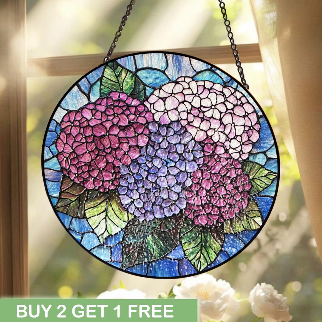 Hydrangea Window Display Colorful Hydrangea Stained Glass Suncatcher, Floral Window Art Decor ...