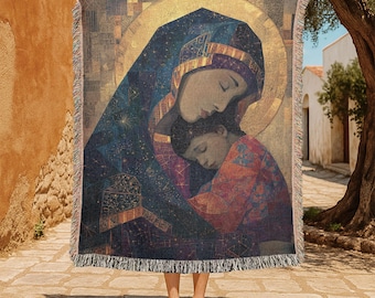 Virgin Mary And Jesus 100% Cotton Woven Blanket, Madonna And Child Woven Throw, Christian Catholic Gift Tapestry Blanket, Religious Home.