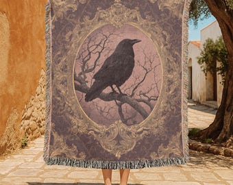 Mystic Raven 100% bomullsvävd filt, gotisk korpfilt, vävd filt för naturälskare, Halloweendekorfilt, mörk konstfilt