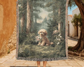Cute Poodle In Forest 100% Cotton Woven Blanket, Cottagecore Dog Lover Throw, Woodland Doodle Tapestry Blanket, Nature Lover Dog Mom Gift.