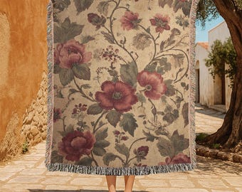 Vintage Floral 100% Cotton Woven Blanket, Cottagecore Woven Throw, Botanical Tapestry Blanket, Mom Gift Cotton Blanket, Grandma Housewarming