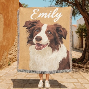 Custom Dog Portrait 100% Cotton Woven Blanket, Personalized Pet Memorial Throw Blanket, Border Collie Mom Gift Woven Tapestry, Dog Lover