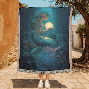 Fantasy Mermaid 100% Cotton Woven Blanket, Mythology Lover Gift Woven Throw, Magical Sea Creature Tapestry Blanket, Birthday Gift Mon Decor