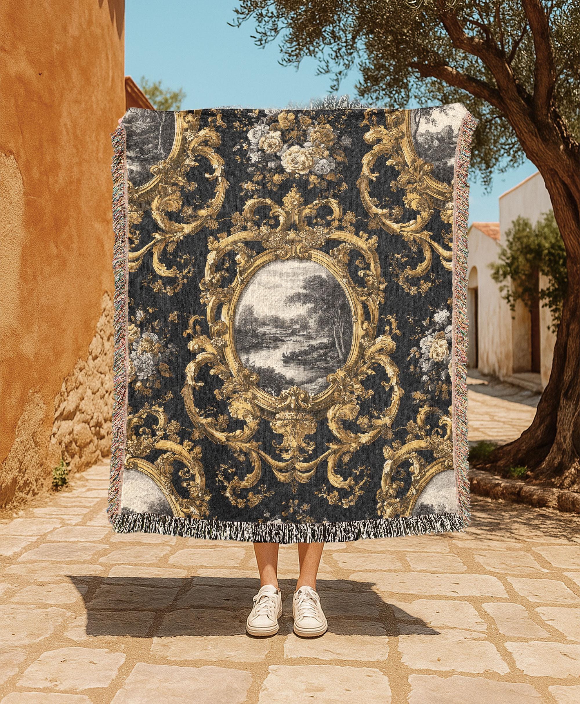 ⌘ antique 絨毯　③ ⌘ Vintage Baroque 100% Cotton Woven Blanket, Ornate Victorian Style