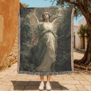 Angelic Comfort 100% Cotton Woven Blanket, Spiritual Art Throw For Home Decor, Guardian Angel Tapestry Blanket, Christian Faith Gift Mom, Sympathy Present Idea
