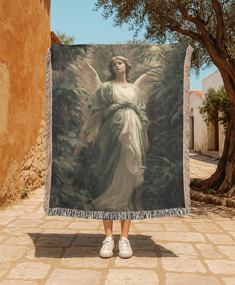 Angelic Comfort 100% Cotton Woven Blanket, Spiritual Art Throw For Home Decor, Guardian Angel Tapestry Blanket, Christian Faith Gift Mom, Sympathy Present Idea